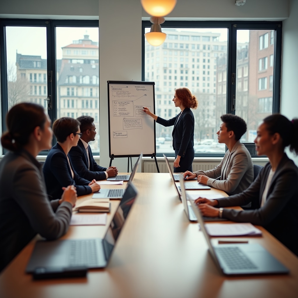 Professional business writing workshop with diverse participants in an Irish office setting