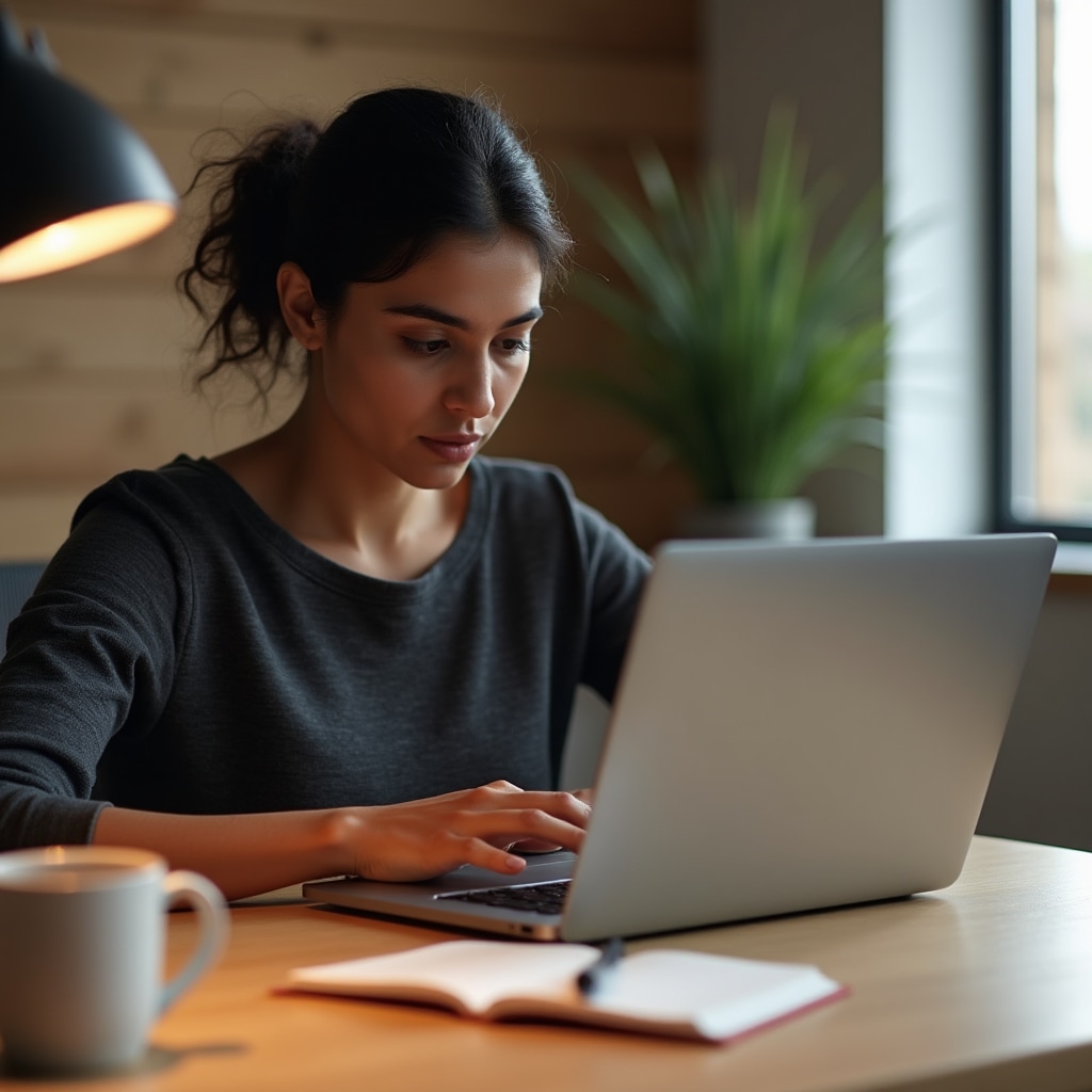 Professional reviewing business email on laptop at a clean desk with natural light