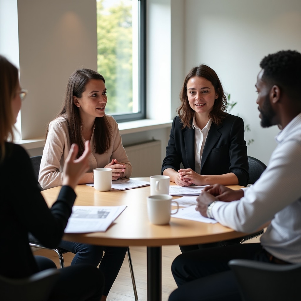 Diverse professionals in a relaxed but focused business discussion in a contemporary Irish workplace