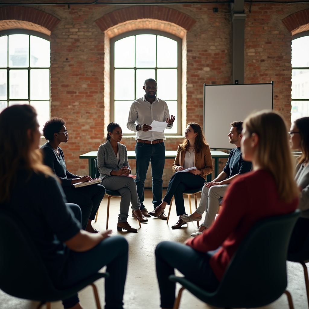 Group of professionals in a structured communication workshop in a modern Irish office